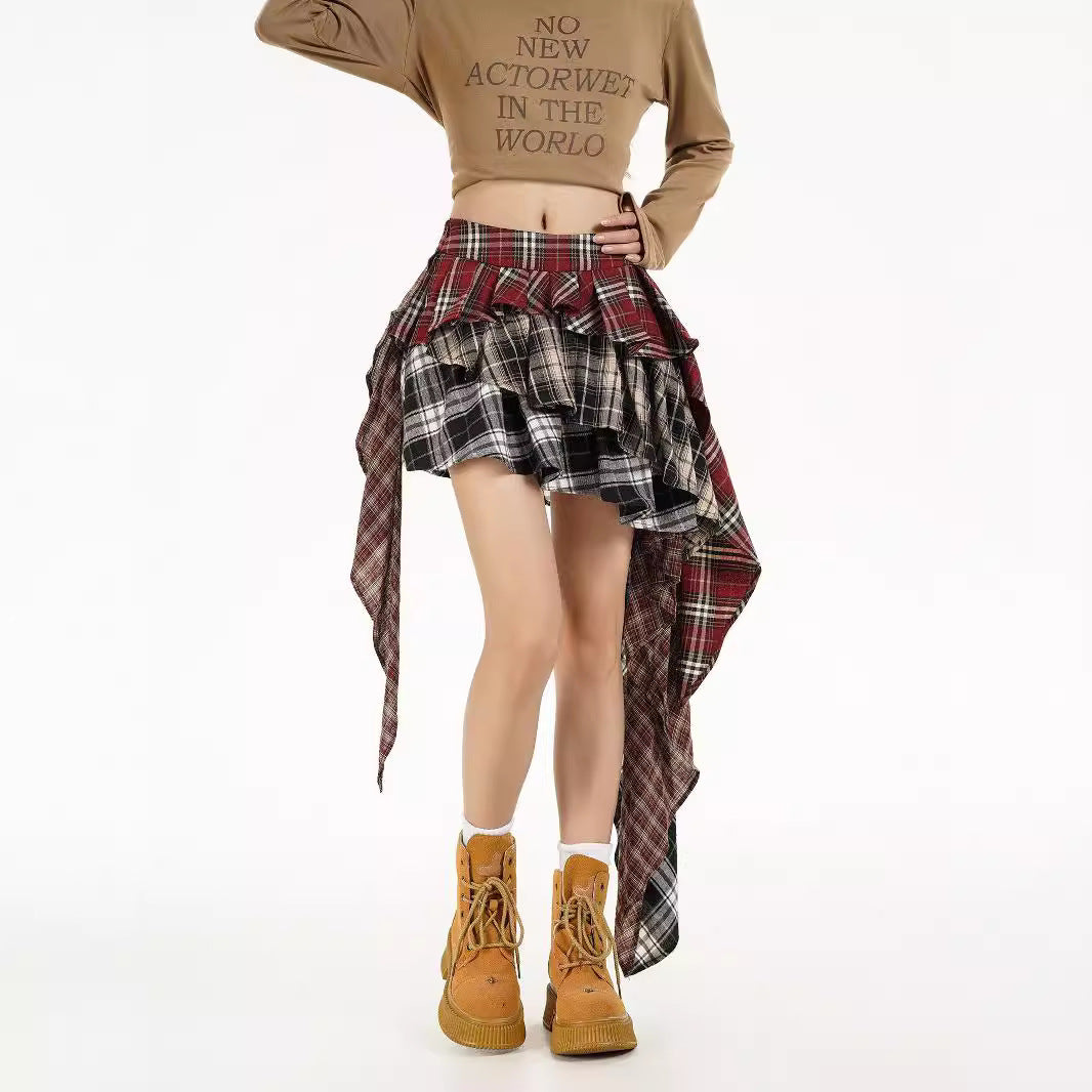 American Retro Patchwork Skirt for Women - Autumn Design, Spicy Girl Style, Fashionable Irregular Short Skirt