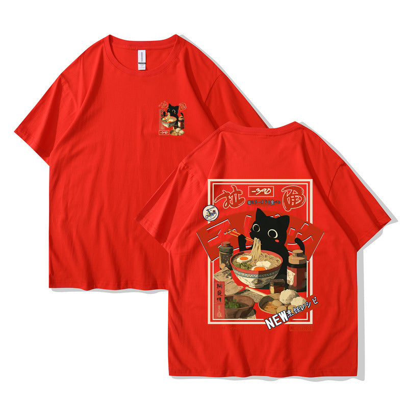 Harajuku Cat Cartoon Eating Noodles Graphic Unisex Casual Short Sleeve T-Shirt