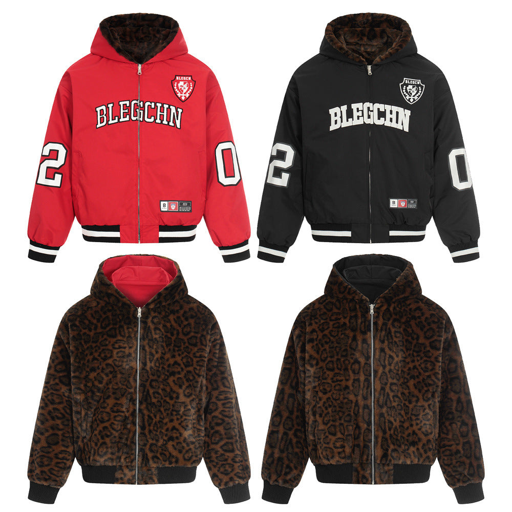 Men’s Reversible Leopard Hooded Jacket – Loose-Fit High Street Zip Coat