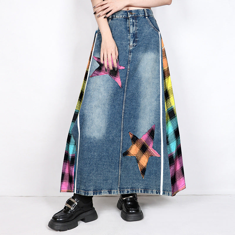 Retro Plaid High Waisted Denim Skirt - Harajuku Style
