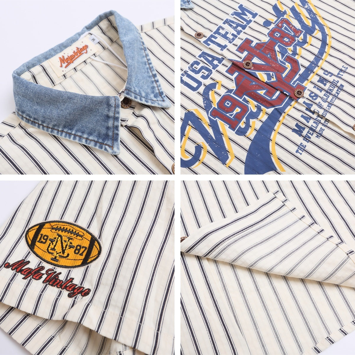 Retro Spliced Letter Print Striped Blouse