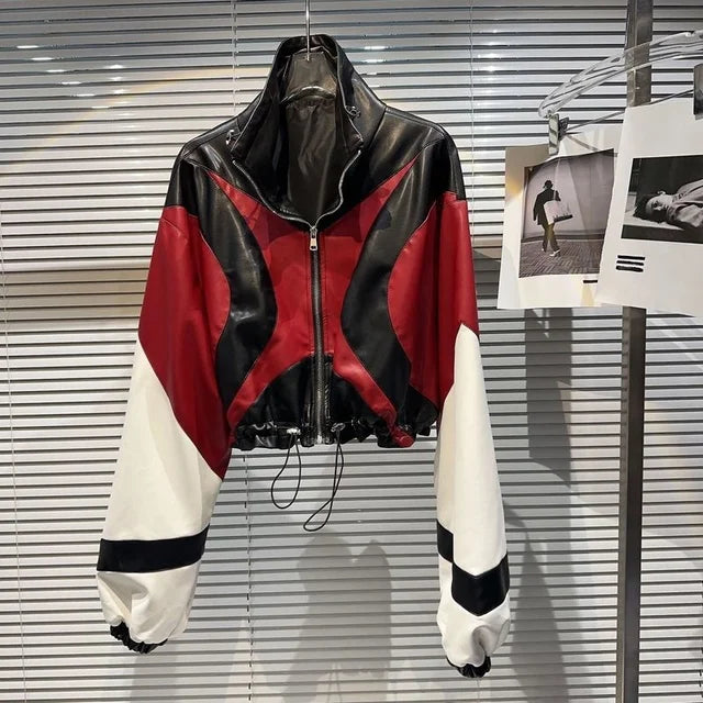 Women's Contrast Color Patchwork Motorcycle Leather Jacket