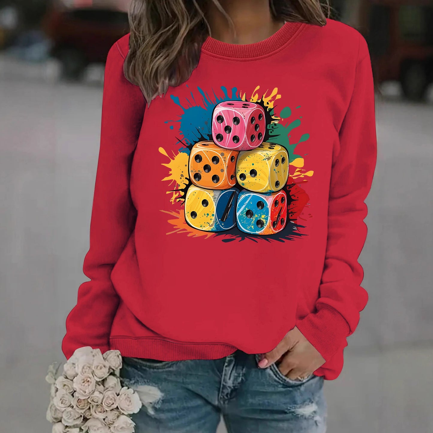 Splash Pattern Printed Stacking Block Hoodie with Round Neck