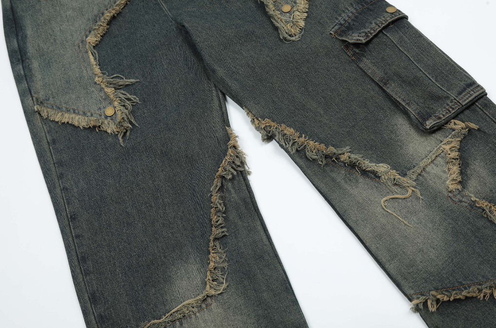 Playful Star Embroidery Multi Pocket Jeans for Men