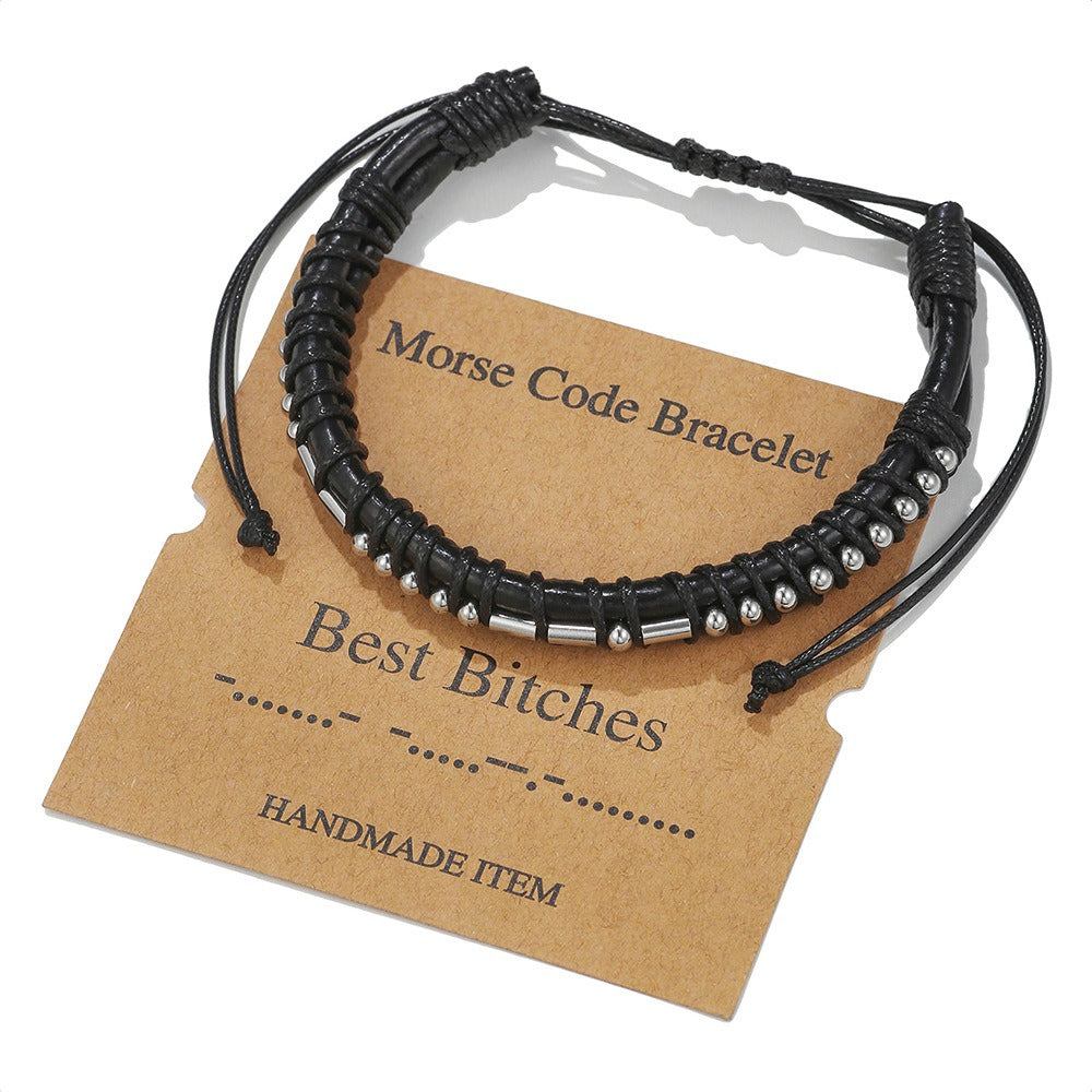 Harajuku Style Leather & Stainless Steel Alphanumeric Couple Bracelet