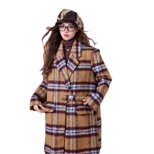 Loose Fit Yellow Plaid Woolen Coat for Women