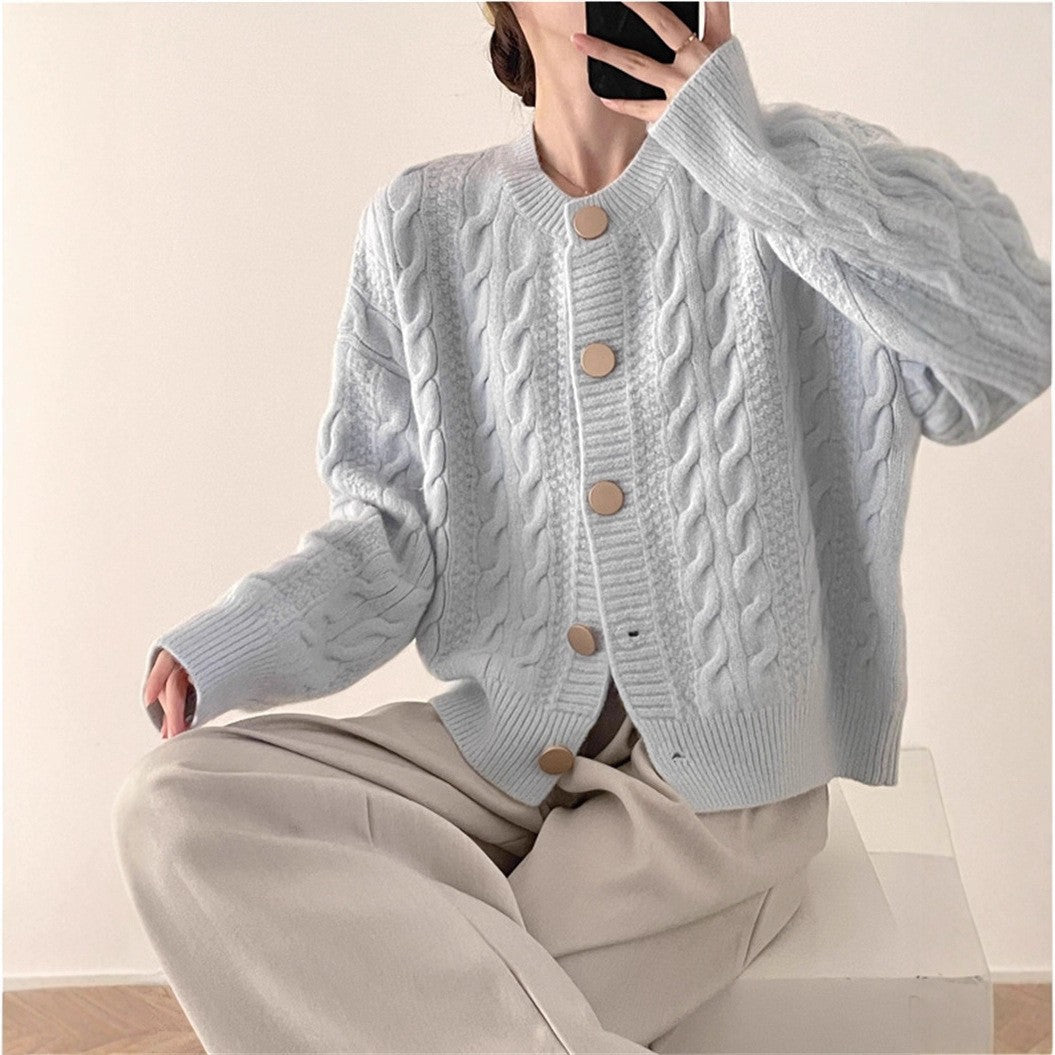 Gentle Style Short Knitted Cardigan with Cable Knit Pattern for Women – Loose Soft Round Neck Sweater Coat