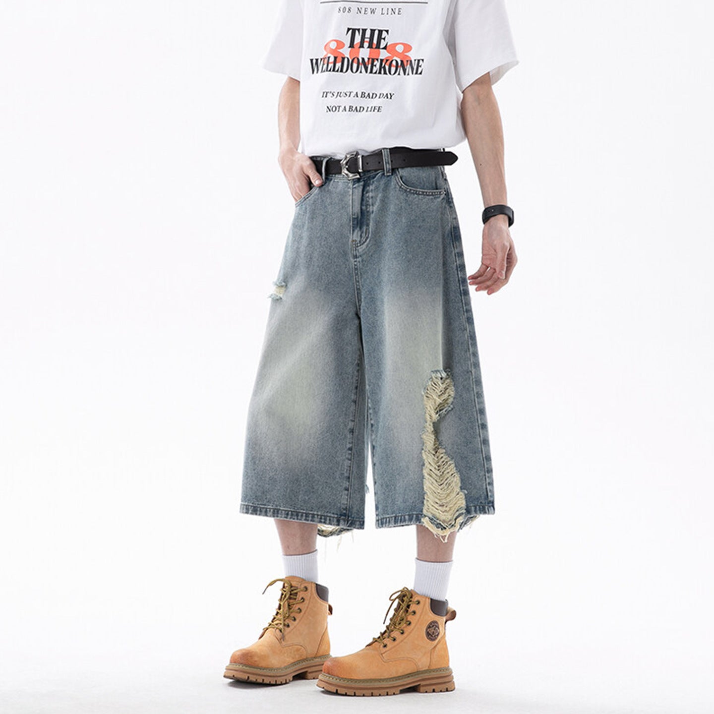 Men's Ripped Denim Cropped Pants - Harajuku Style