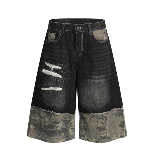 Harajuku Style Distressed Camouflage Wide-Leg Denim Shorts