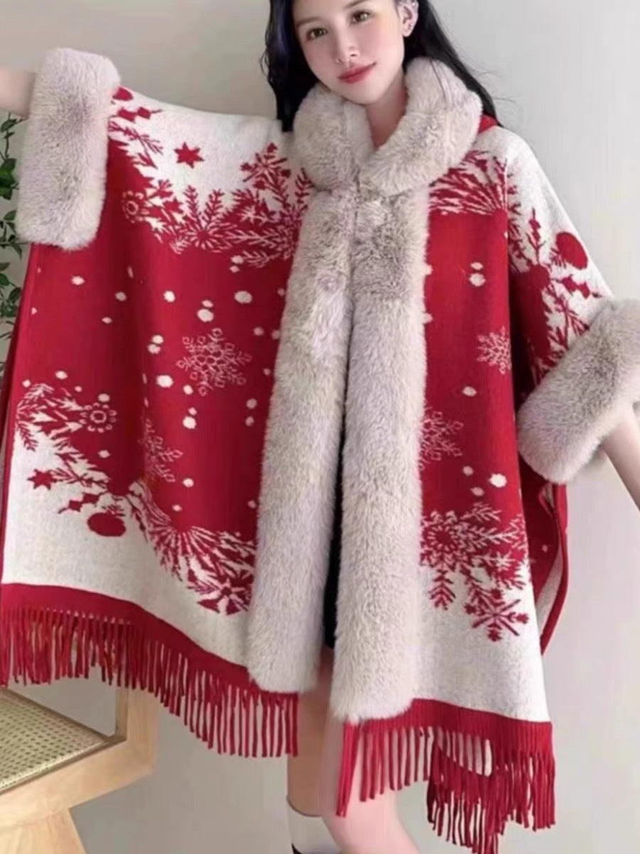 Poncho with Fleece Lining - Thick Knitted Hooded Shawl Featuring Fur Collar and Tassels
