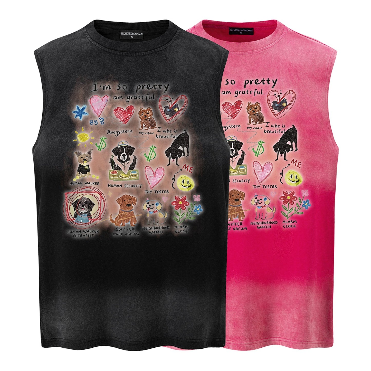 Different Dog Graffiti Vest — Harajuku Street Fashion Cotton Blended Loose Fit (Black, Pink, M/L/XL)