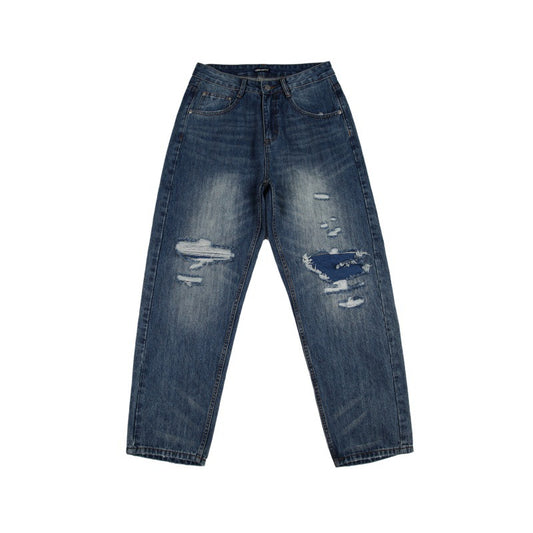 Washed Patch Holes Micro Tapered Denim Pants