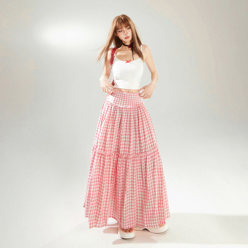 Women's Pink Plaid Flare Long Skirt - Loose A-Line Big Swing Skirt