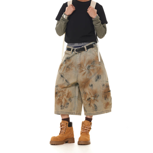 Retro Dirty Dyed Denim Wide Leg Seven Quarter Shorts