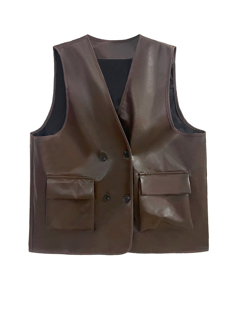 Coffee Color PU Leather Vest - Women Loose Fit V-Collar