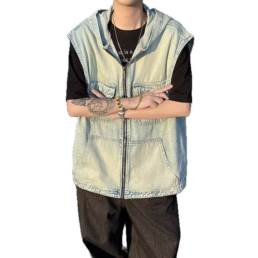 Hooded Denim Retro Loose Zipper Vest Jacket