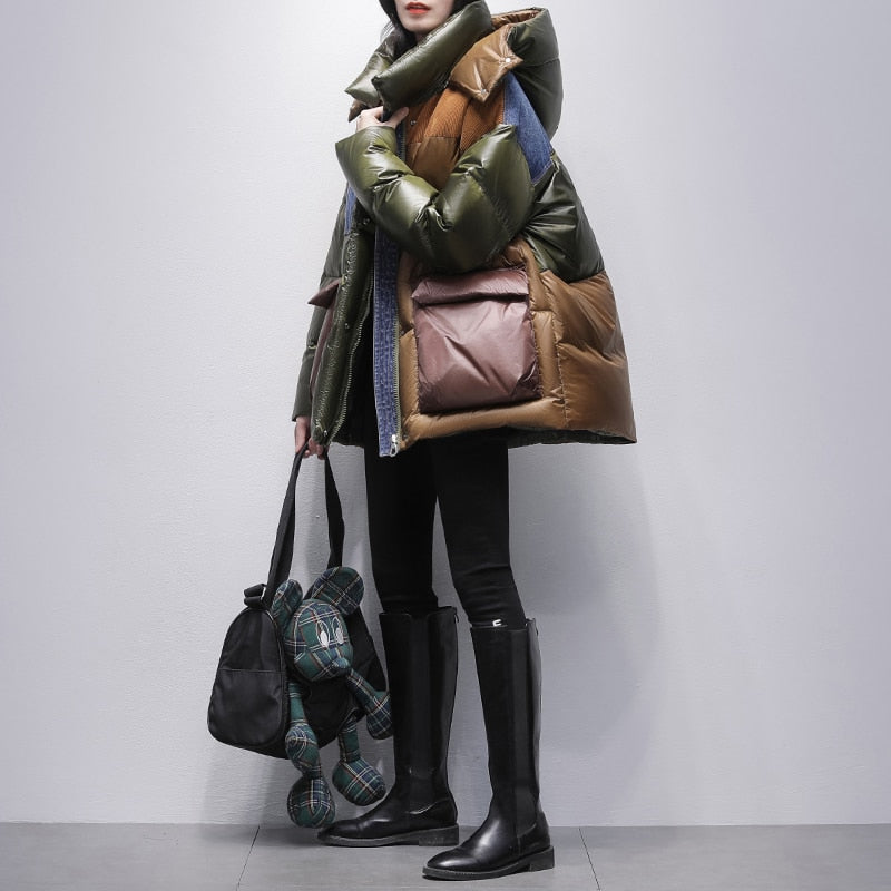 Harajuku Style Contrasting Color Denim Stitching Down Jacket