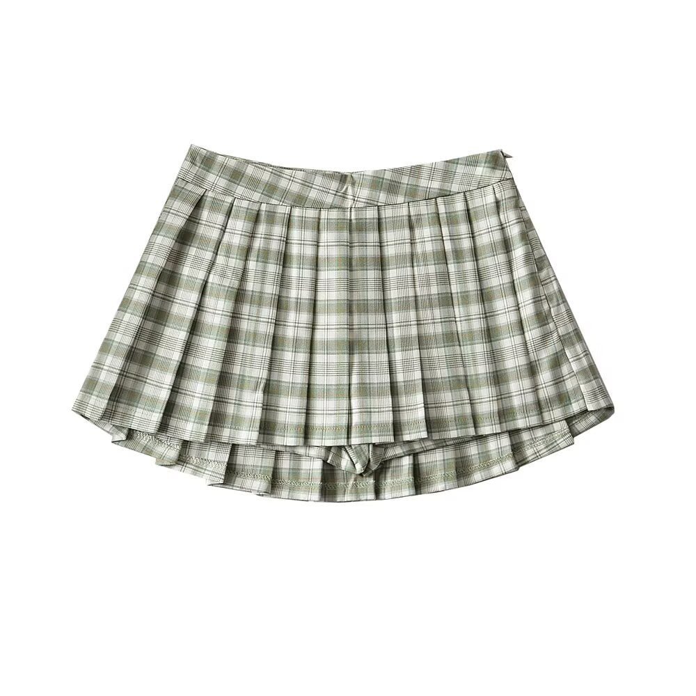 Color-Blocked Plaid Pleated Half-Length Skirt