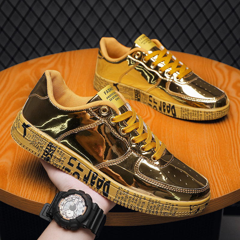Men's Shiny Leather Panel Sneakers - Harajuku Style