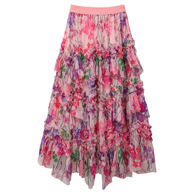 Playful Floral A-Line Skirt with Lace for Women