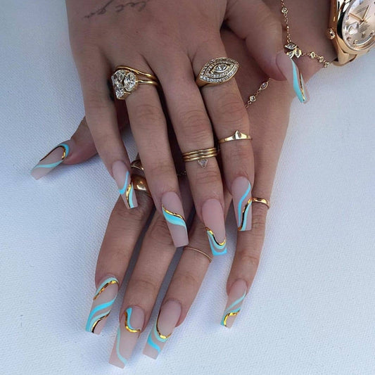 Gold Wave Pattern Long Ballet Nails - Harajuku Style