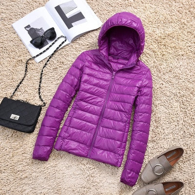 Ultra-Lightweight Slim Down Jacket for Women – Short Hooded Warm White Duck Down Coat