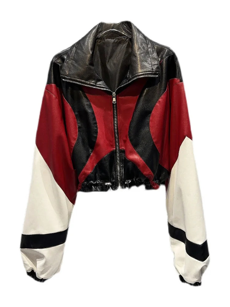 Women's Contrast Color Patchwork Motorcycle Leather Jacket