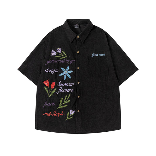 Retro Floral Embroidery Corduroy Short Sleeve Shirt