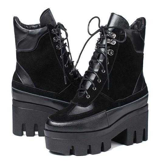Chunky Platform Cow Leather Ankle Boots for Women