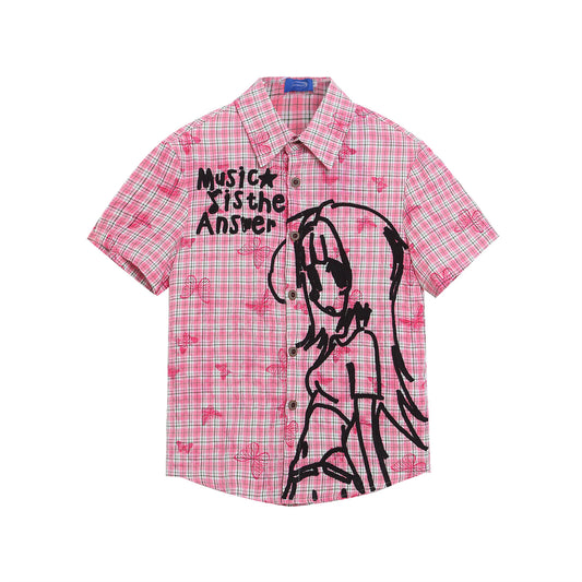 Playful Embroidered Checkered Short Sleeve Shirt for Women