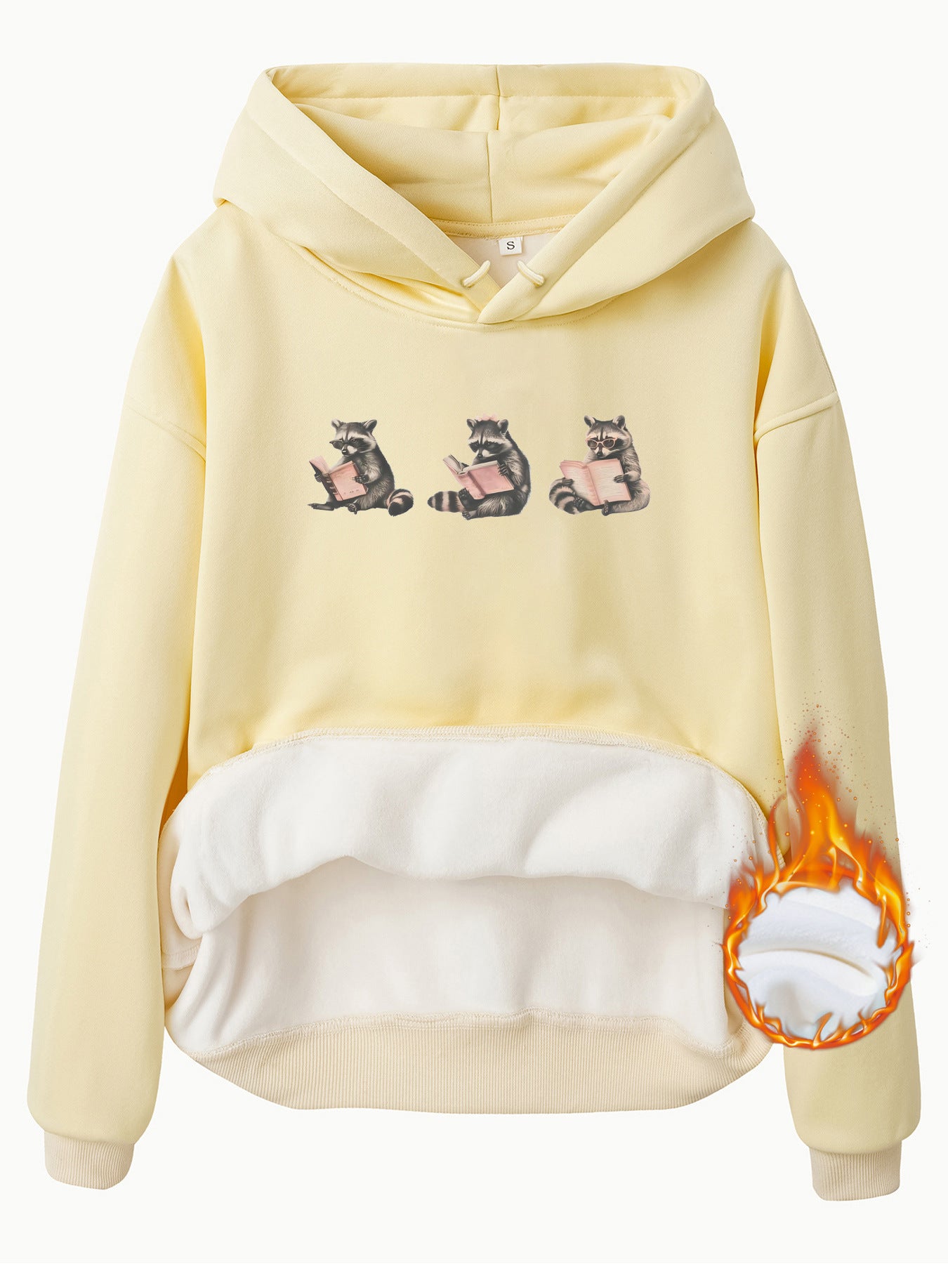 Hooded Long Sleeve Fleece Hoodie with Kangaroo Pocket and Raccoon Print