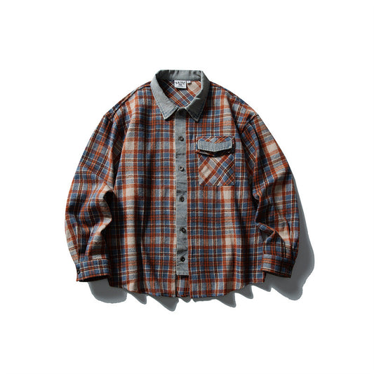Color Blocked Denim & Plaid Shirt - Harajuku Style