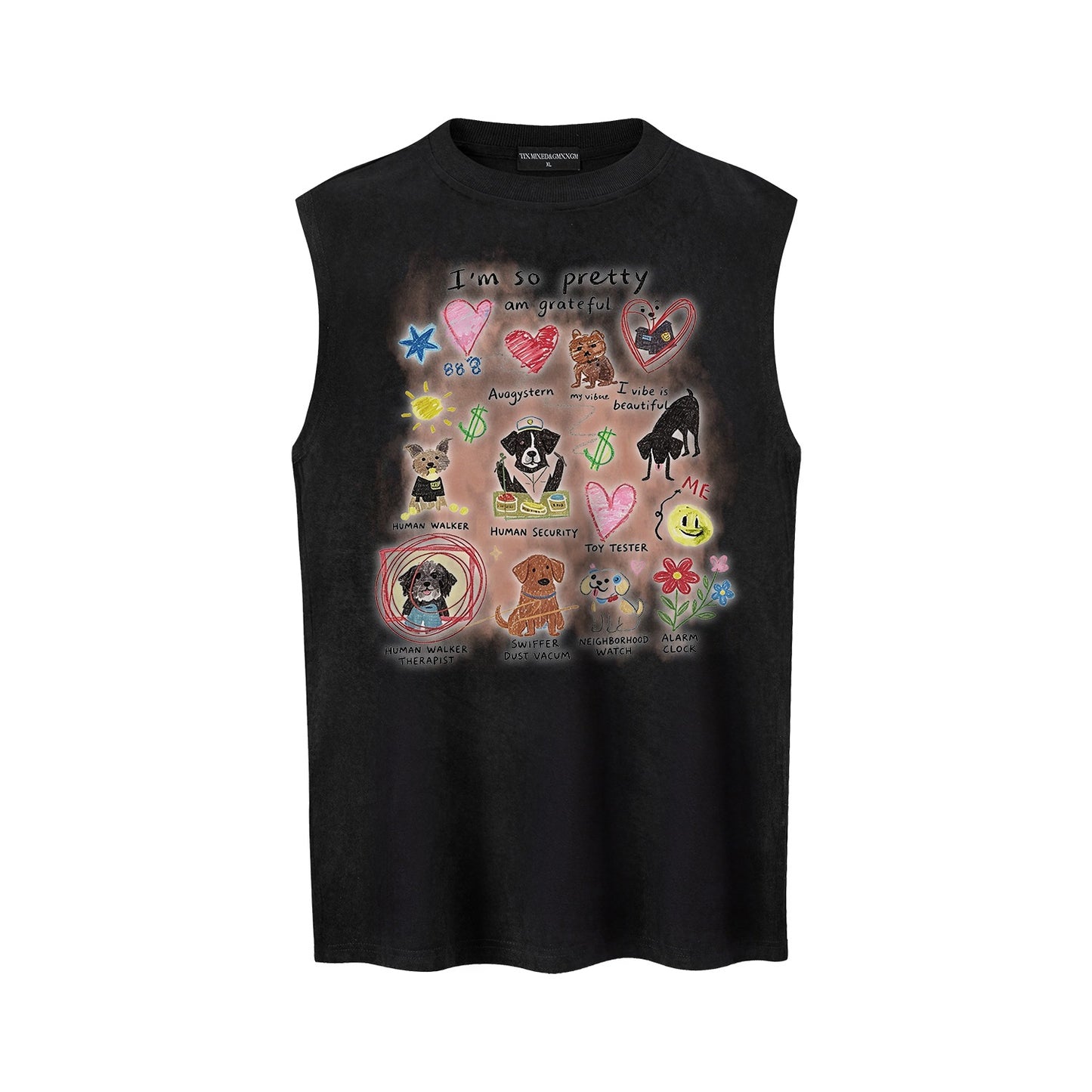 Graffiti Dog Print Vest — Harajuku Style Loose Cotton Blend Vest (Dark Gray, Pink, Apricot, Black)