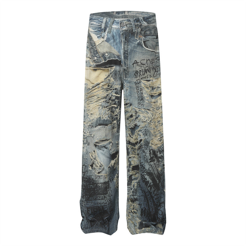 Graffiti Distressed 3D Denim Pants - Unique Harajuku Streetwear