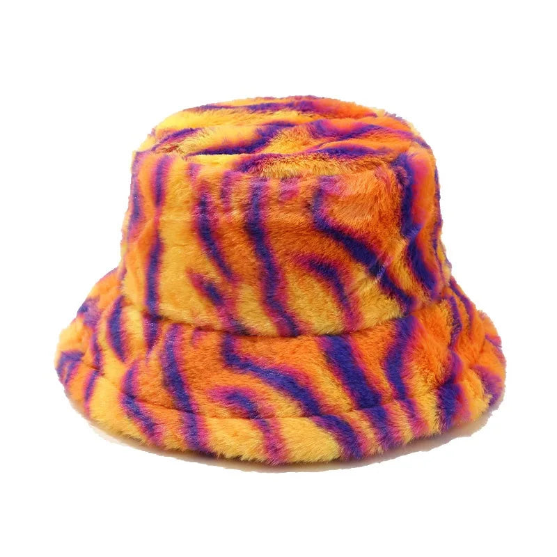Harajuku Style Zebra Print Faux Fur Panama Bucket Hat