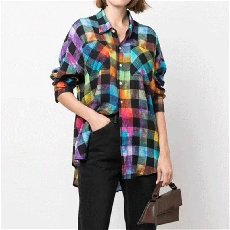 Rainbow Plaid Women’s Blouse - Harajuku Style