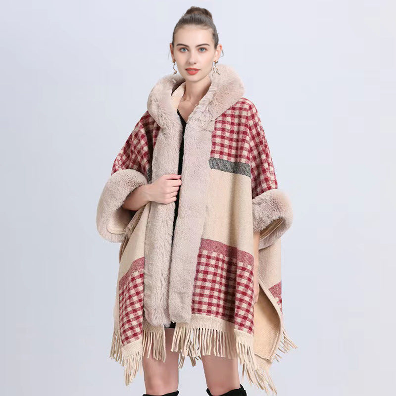 Poncho with Fleece Lining - Thick Knitted Hooded Shawl Featuring Fur Collar and Tassels
