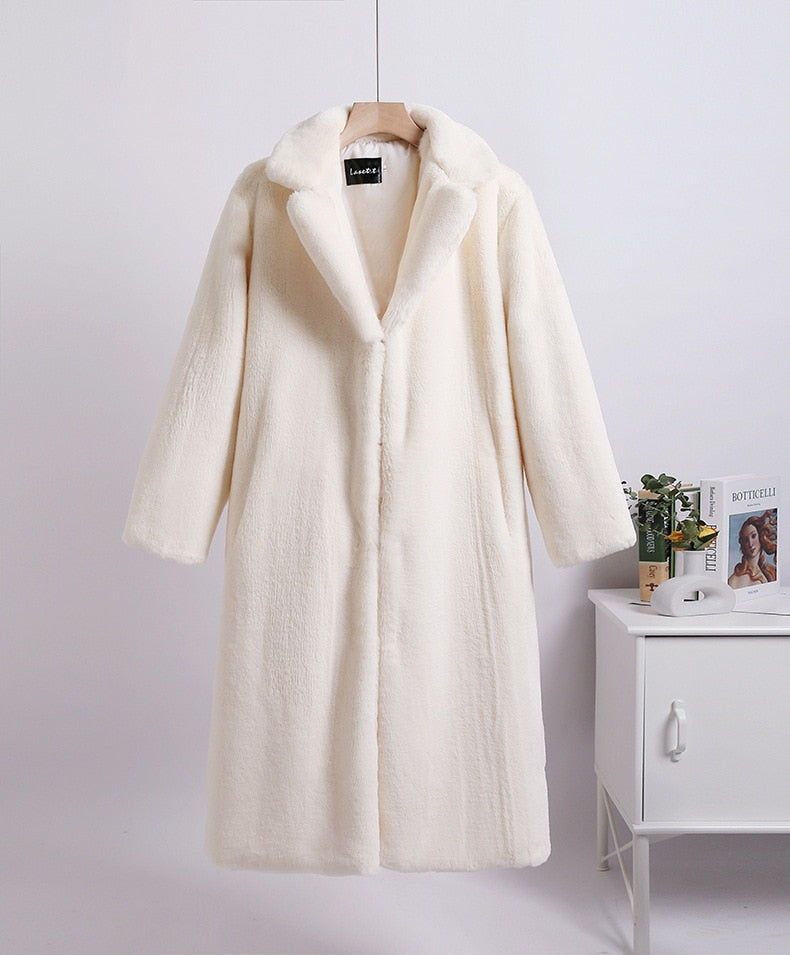 Mid-Length Mink Velvet Faux Fur Coat with Furry Collar