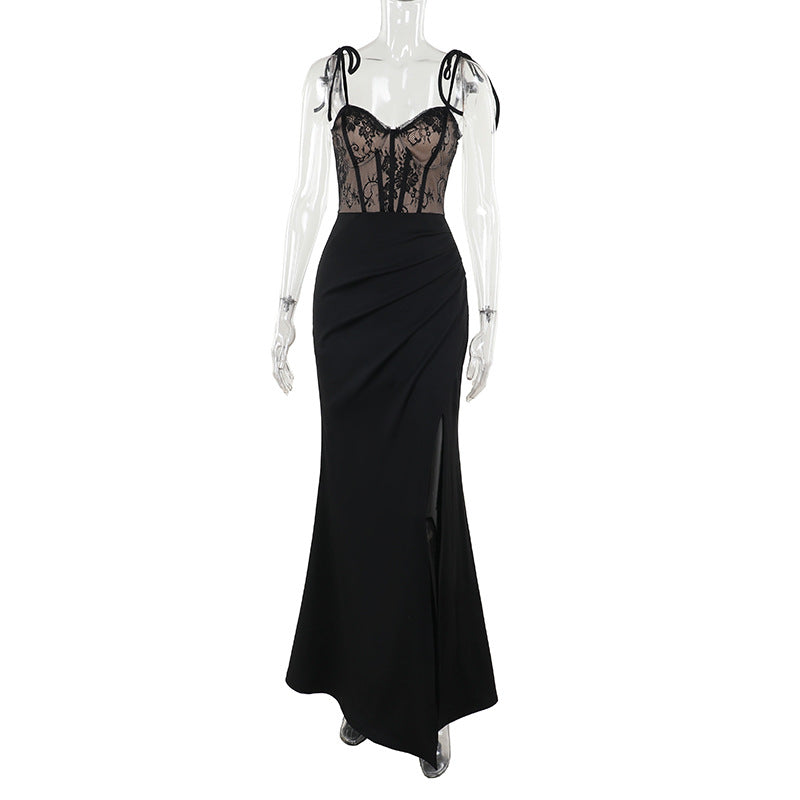 Strap Lace Patchwork Sexy Slit Dress for Women