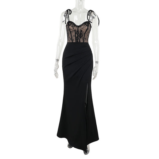 Strap Lace Patchwork Sexy Slit Dress for Women