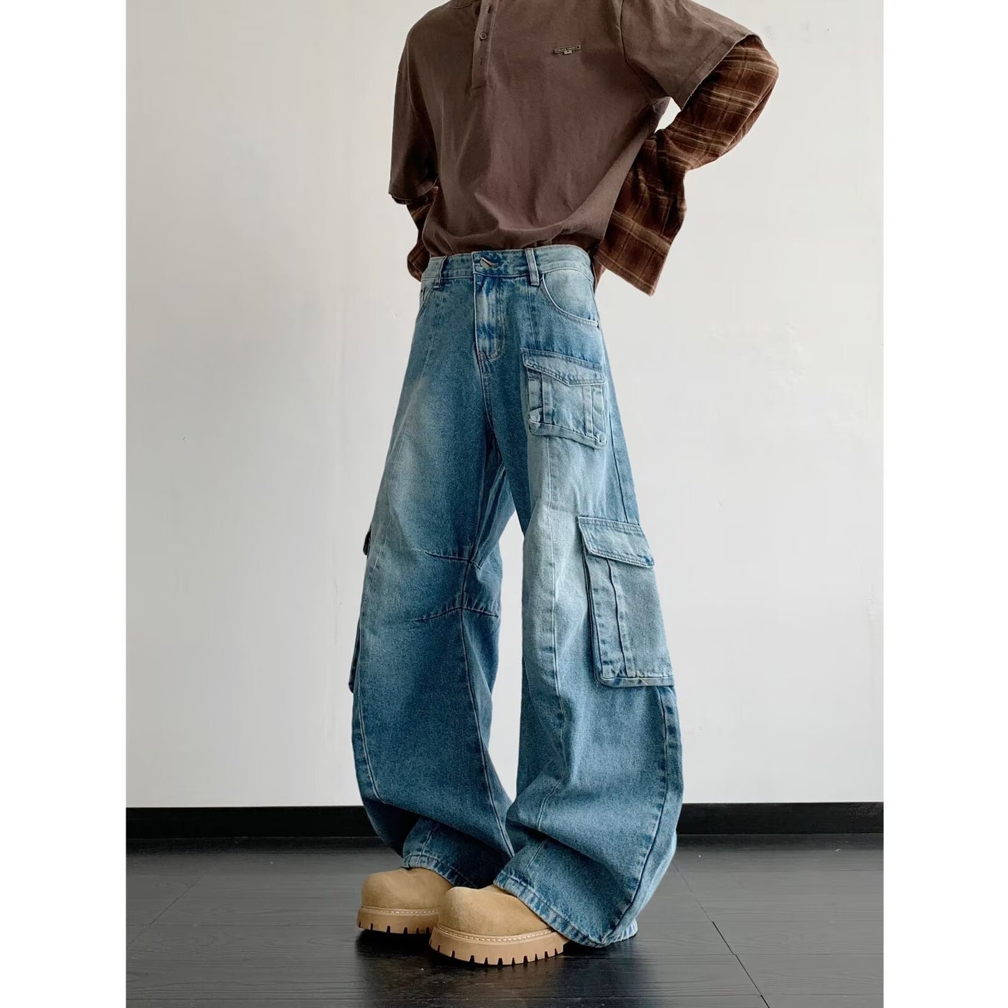 Multi Pocket Curved Knife Denim Wide Leg Pants