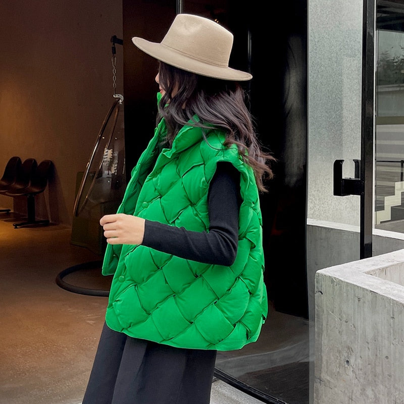 Woven Pattern Green Down Vest - Harajuku Style