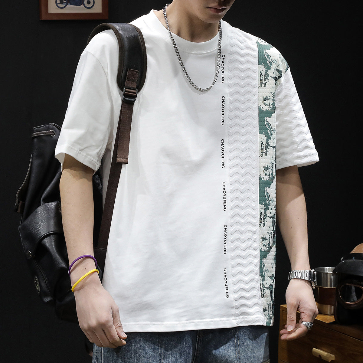 Splicing Printed Pattern Short Sleeved T-Shirt