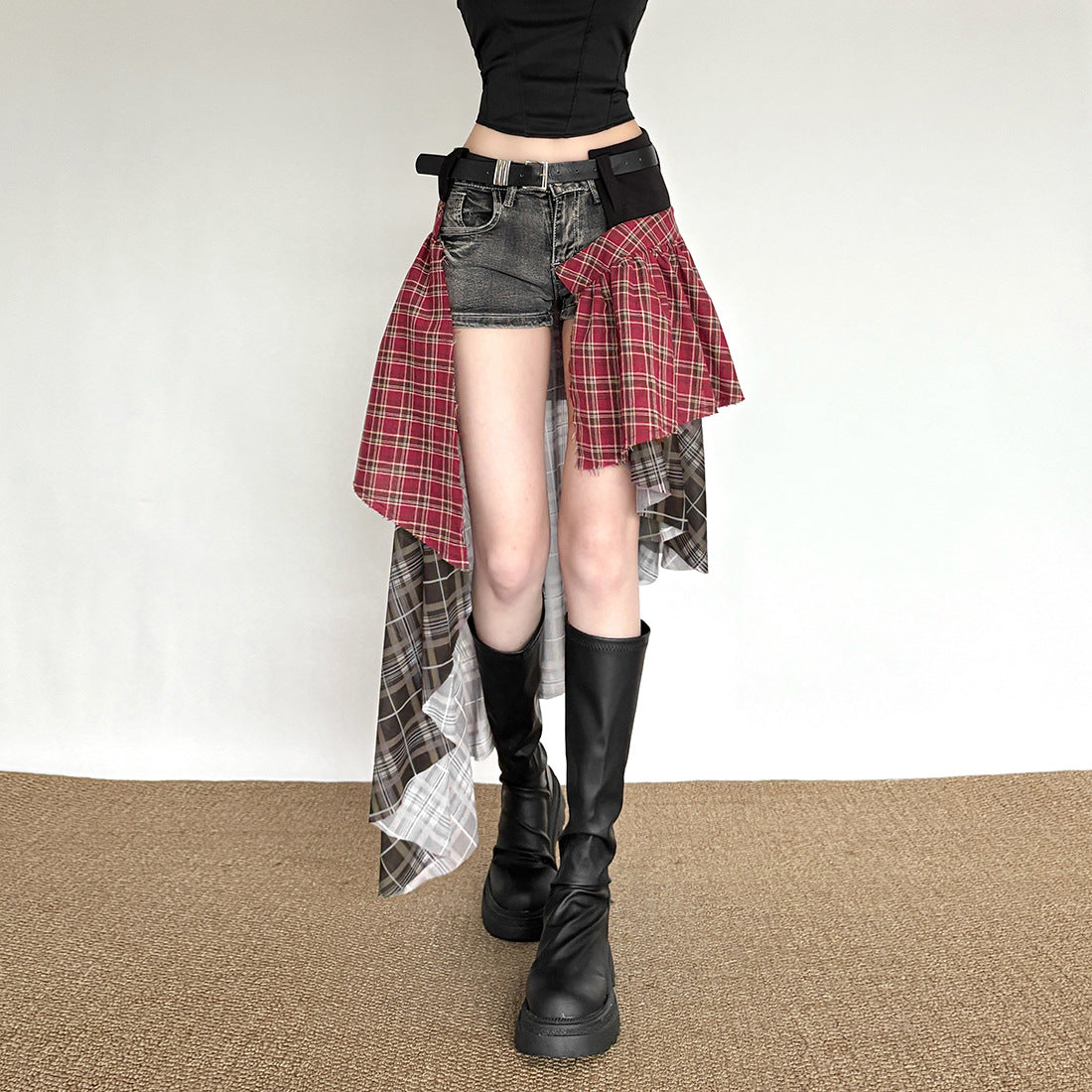 Retro Checkered Irregular Versatile Skirt for Women