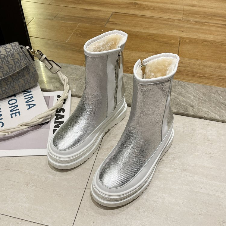 Warm Snow Boots Quality Leather Medium Heels Platform Black Silver Real Fur Dress Casual