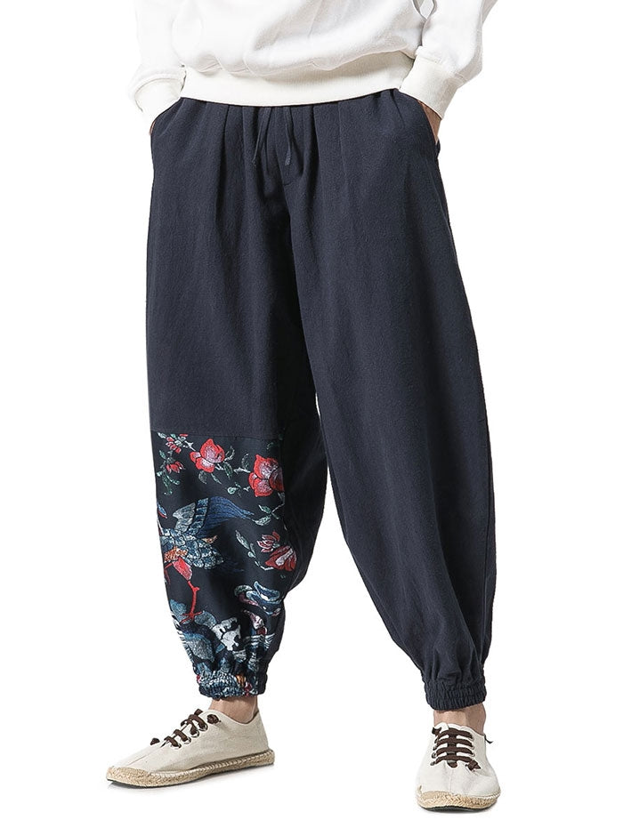 Chinoiserie Printed Cotton Linen Jogger Pants