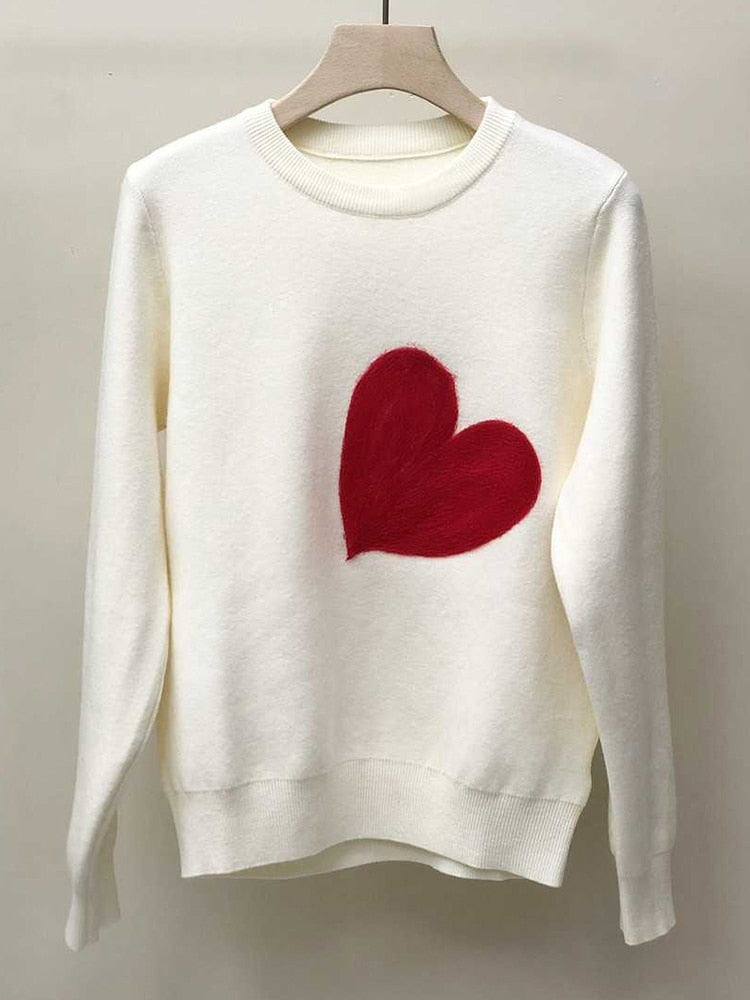 Harajuku Style Women’s Knit Sweater with Red Heart