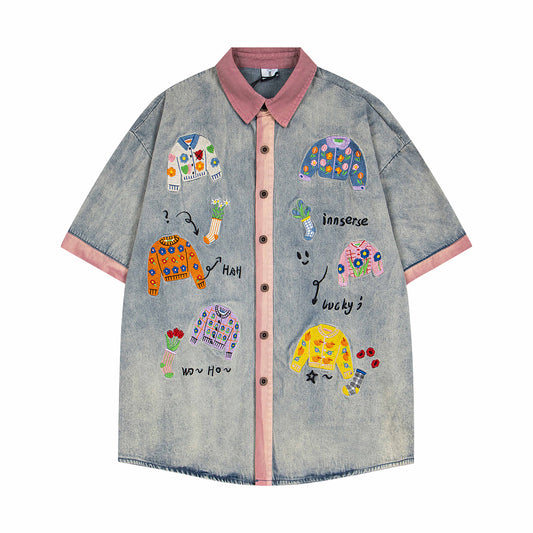 Playful Color Block Embroidery Denim Shirt - Unisex Summer