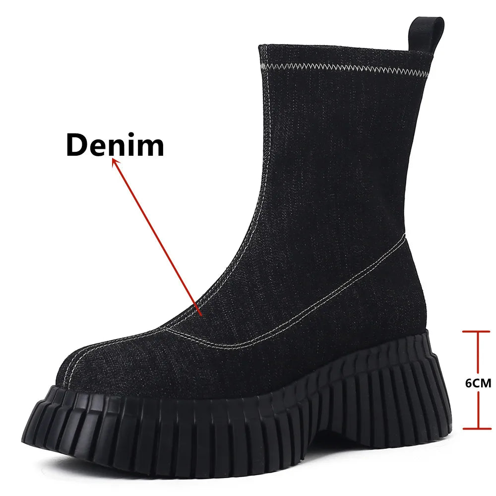 Fashion Platforms for Women - Stretch Short Boots - Genuine Leather Casual Ankle Boots - Round Toe Shoes