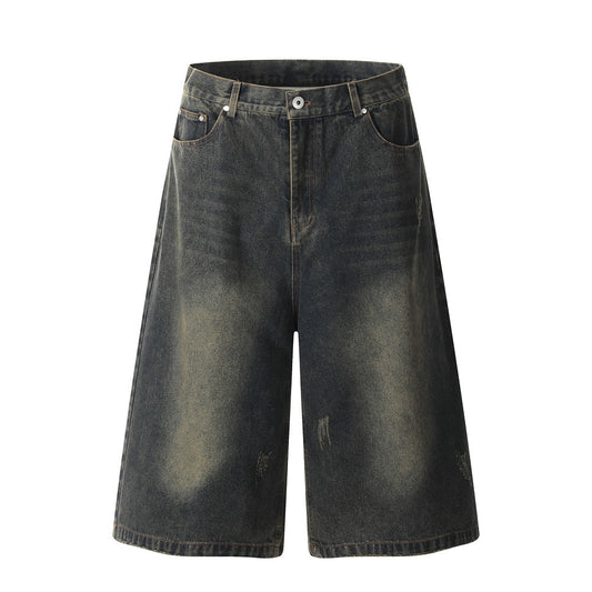 Retro Distressed Denim Three-Quarter Pants for Men
